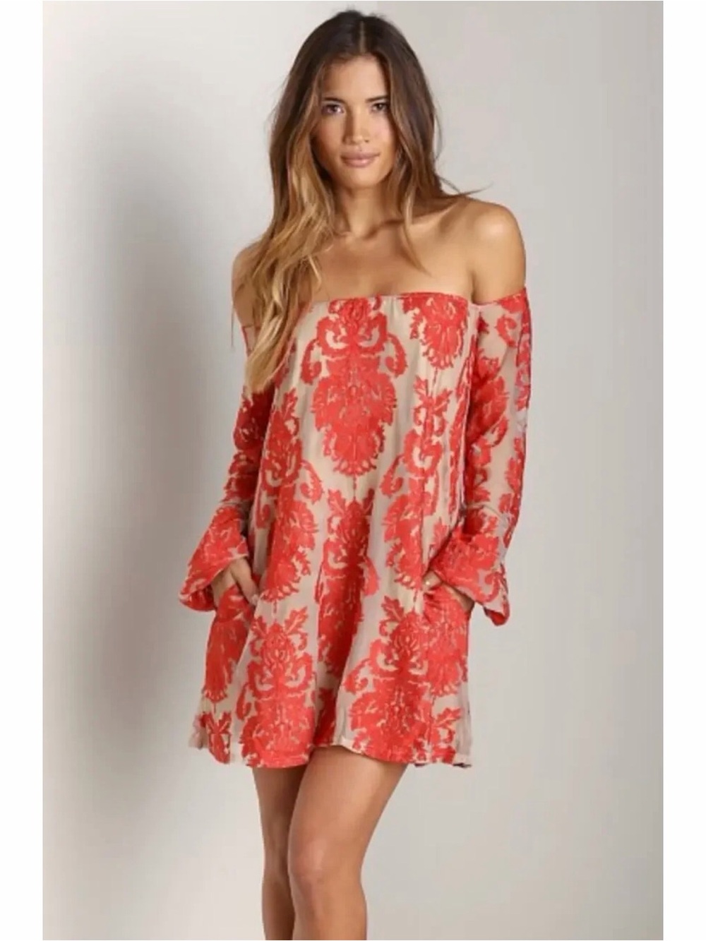 For Love & Lemons Precioso Red Lace Off Shoulder Mini Dress S